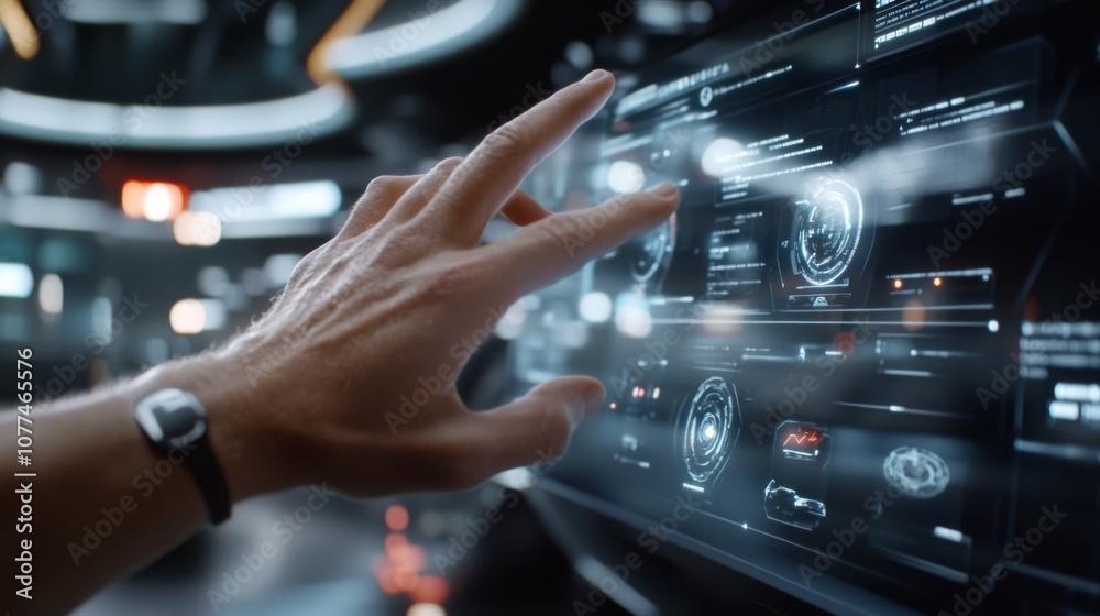 A hand reaches out to an illuminated, futuristic digital interface, surrounded by sleek technology and dynamic holographic displays. A hand reaches out to an illuminated, futuristic digital interface, surrounded by sleek technology and dynamic holographic displays.