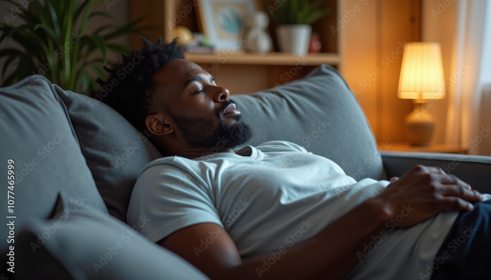 Man Sleeping Peacefully on a Couch at Night Man Sleeping Peacefully on a Couch at Night