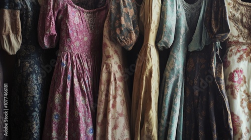 A row of vintage dresses with rich textures and detailed patterns, reflecting a timeless elegance. photo