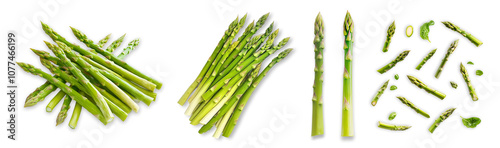 Fresh green asparagus spears bundles and scattered isolated transparent background
