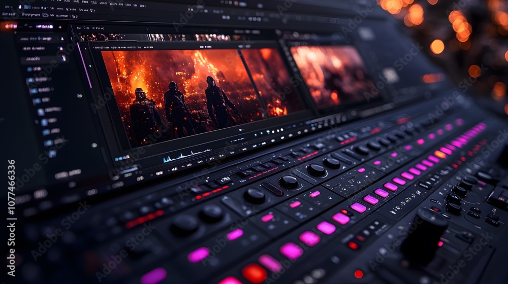 A close-up of a video editing console displaying action scenes with vibrant colors. A close-up of a video editing console displaying action scenes with vibrant colors.