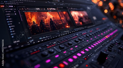 A close-up of a video editing console displaying action scenes with vibrant colors.