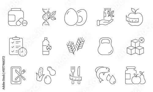 Nutrition and Wellness Line Icon Set for Fitness and Diet Planning. Organic Food and Supplement Symbols for Health and Weight Management. Editable Stroke. Isolated Vector Illustration