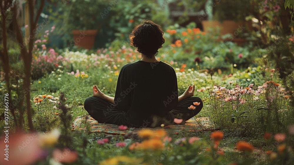 A serene figure meditates amidst a vibrant garden, surrounded by colorful blooms, embodying tranquility and connection with nature. A serene figure meditates amidst a vibrant garden, surrounded by colorful blooms, embodying tranquility and connection with nature.