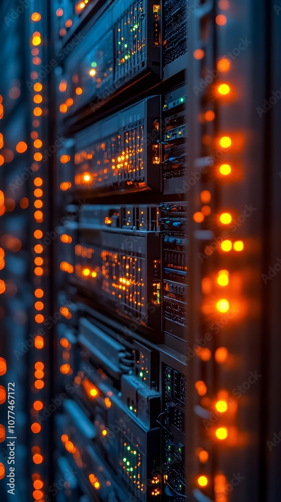 A close-up view of illuminated server racks in a data center, showcasing technology infrastructure.