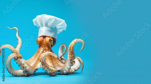 A chef octopus wearing a white chef's hat against a blue background. photo