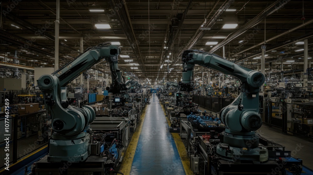 Fototapeta premium Industrial Robotic Arms in a Factory Setting