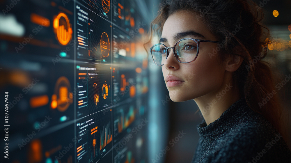 A beautiful woman wearing headphones is sitting at her desk, engaging with AI technology on her laptop A beautiful woman wearing headphones is sitting at her desk, engaging with AI technology on her laptop
