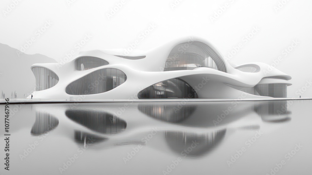 Modern, futuristic white building with flowing lines reflected in water. Modern, futuristic white building with flowing lines reflected in water.