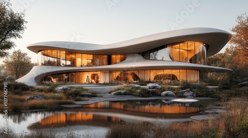 Wallpaper Mural Modern, futuristic home with curved lines and large windows, reflecting in a pond at sunset. Torontodigital.ca