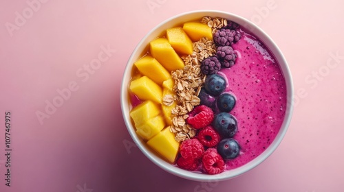 A delectable smoothie bowl topped with fresh mango, berries, and granola, creating a vibrant and healthy culinary masterpiece.