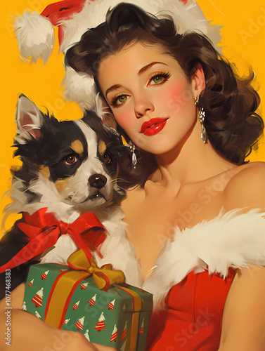 Pin up girl with dog Santa hat and red dress. Retro vintage illustration. Christmas and winter holidays concept. Image for poster, greeteng card. photo