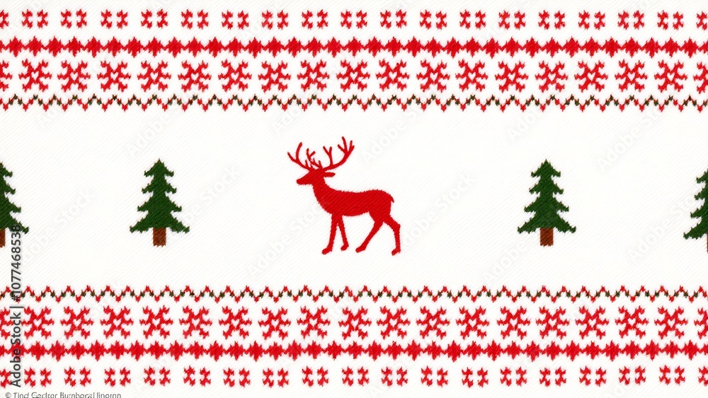 A seamless pattern of Christmas sweater design with red, green, and white colors, a knitted texture