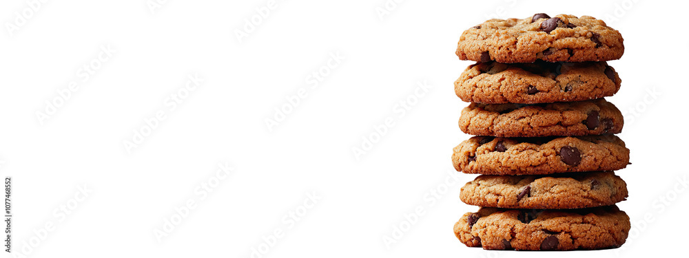 Chocolate chip cookie isolated white background stack biscuit pile cake. Snack chocolate isolate cookie chip bakery bite top american oatmeal view sweet dessert breakfast sugar milk front broken dark
