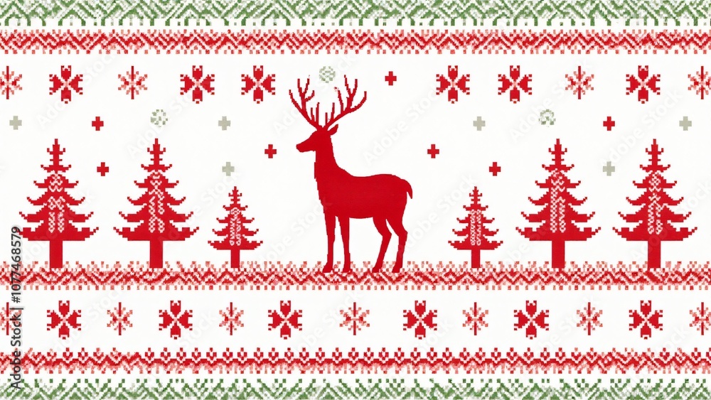 A seamless pattern of Christmas sweater design with red, green, and white colors, a knitted texture
