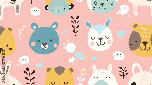 Cute cartoon animals on a pink background.