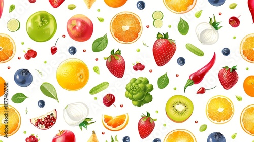 Seamless pattern with colorful fruits and vegetables on white background.