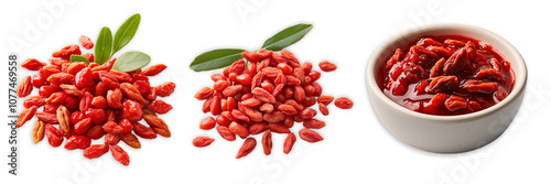Goji berries dried and fresh in white bowl isolated transparent background