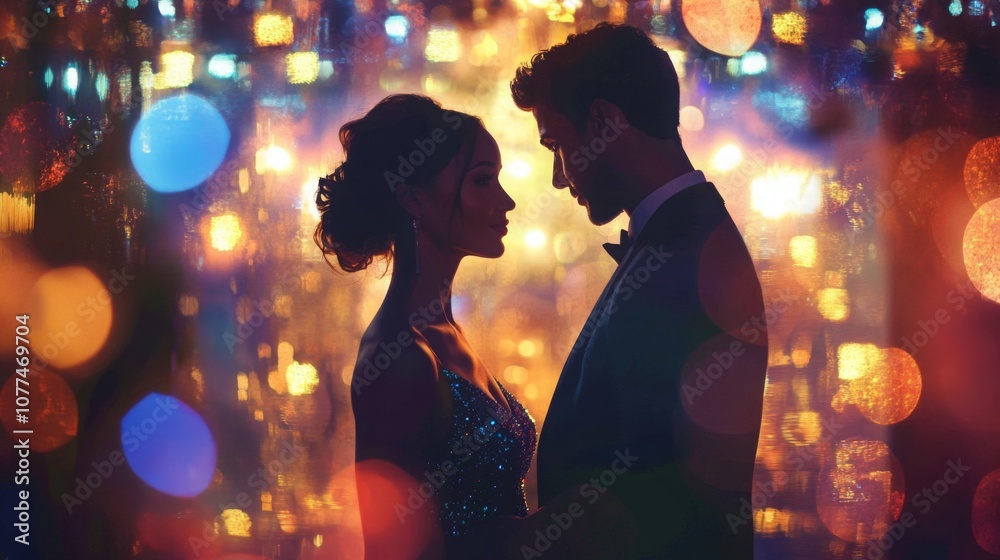 A couple stands closely together, silhouetted against a backdrop of colorful, shimmering lights. A couple stands closely together, silhouetted against a backdrop of colorful, shimmering lights.