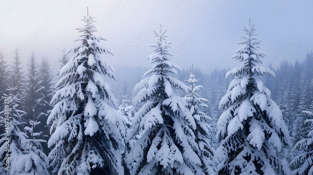 Enchanting Winter Forest: Snow-Covered Pine Trees Surrounded by a Misty Atmosphere, Creating a Serene and Magical Landscape Enchanting Winter Forest: Snow-Covered Pine Trees Surrounded by a Misty Atmosphere, Creating a Serene and Magical Landscape