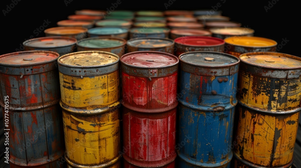 A row of colorful, rusty oil barrels stacked in a warehouse. A row of colorful, rusty oil barrels stacked in a warehouse.