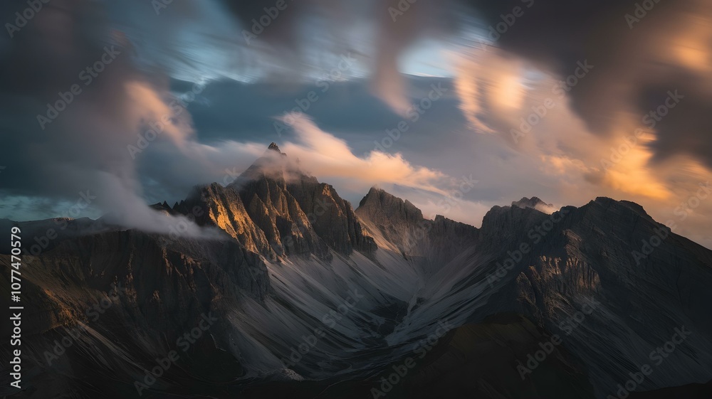 Breathtaking Mountain Landscape: Dramatic Peaks Bathed in Soft Light Beneath a Dynamic Sky, Perfect for Adventure and Nature Lovers Breathtaking Mountain Landscape: Dramatic Peaks Bathed in Soft Light Beneath a Dynamic Sky, Perfect for Adventure and Nature Lovers