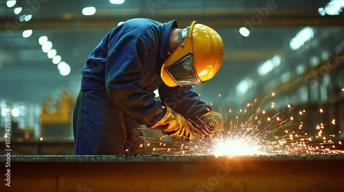 Industrial Welder Working with Sparks and Safety Gear