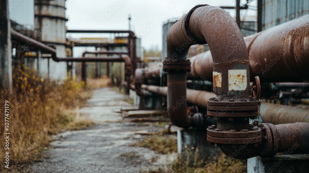 A network of rusted pipelines stretches through an overgrown industrial landscape, illustrating a forgotten era of industry. A network of rusted pipelines stretches through an overgrown industrial landscape, illustrating a forgotten era of industry.