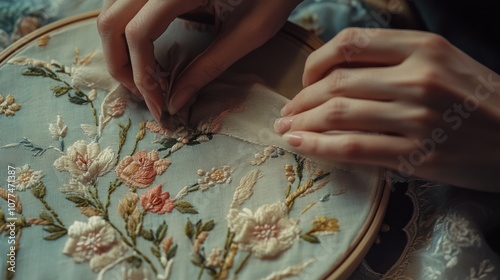 Hands meticulously embroider intricate floral patterns on fabric, showcasing a blend of art, tradition, and patience in every stitch.