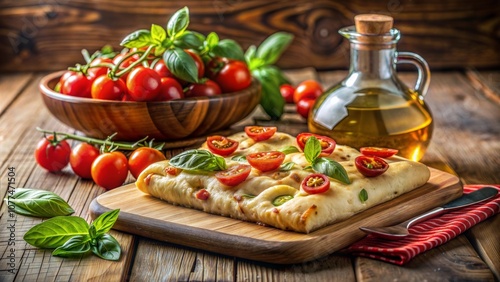Tomato basil focaccia bread with fresh ingredients on wooden board
