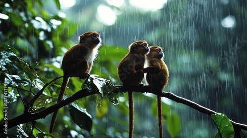 Three monkeys sit closely on a branch under the pouring rain, illustrating wildlife harmony in the rainy jungle. photo