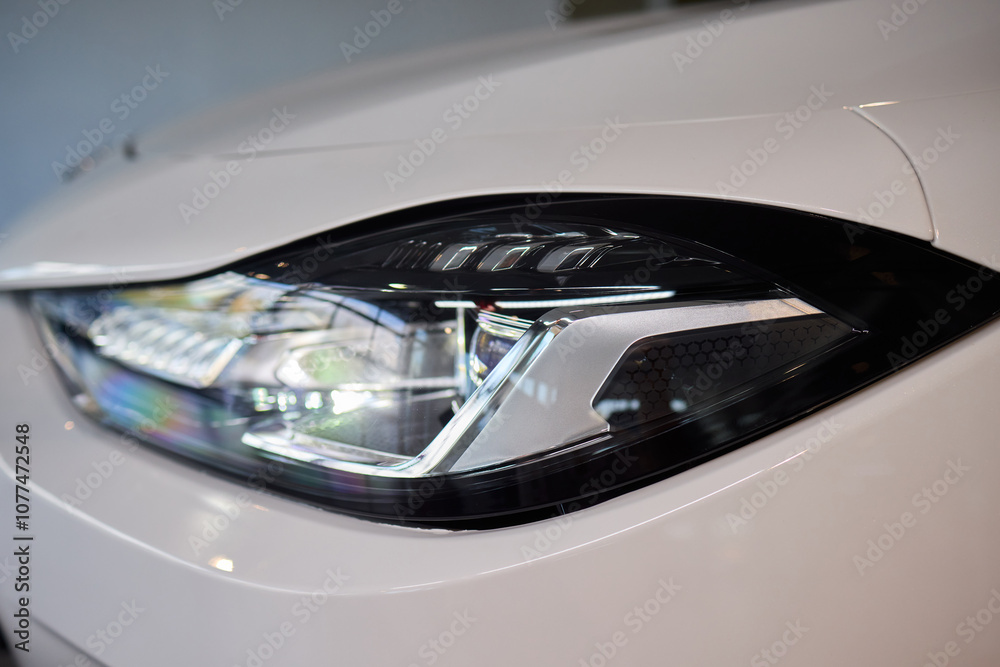 Fototapeta premium Close up of a cars headlight, part of automotive design