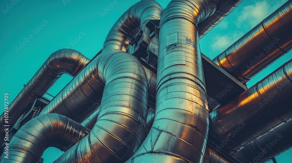 Intertwined Industrial Pipes Against a Teal Sky Intertwined Industrial Pipes Against a Teal Sky