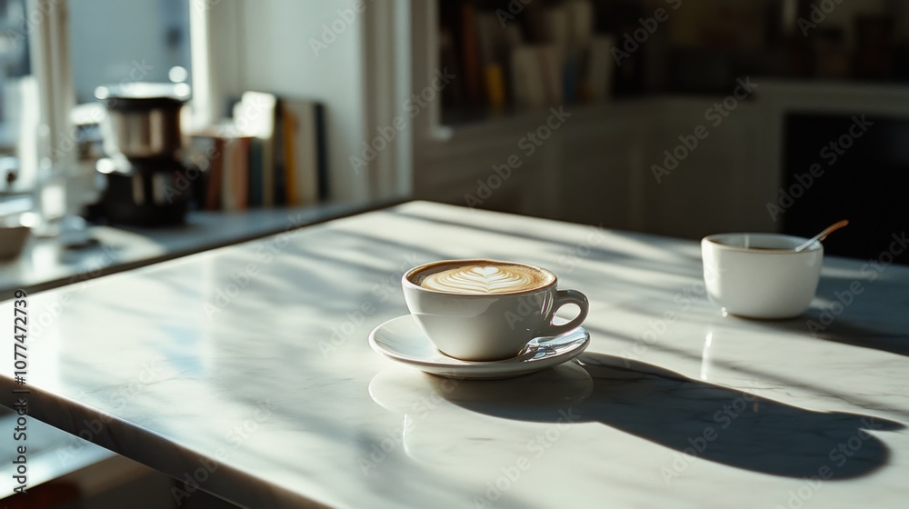 A cappuccino sits elegantly on a sunlit marble countertop, shadows dancing around it, inviting a moment of morning serenity. A cappuccino sits elegantly on a sunlit marble countertop, shadows dancing around it, inviting a moment of morning serenity.