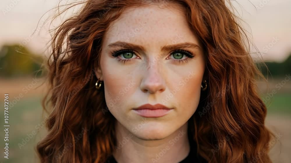 As the sun sets on the horizon, a captivating woman stands confidently in a rustic landscape, embodying strength and serenity in her stunning natural surroundings