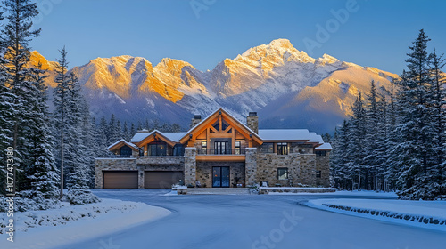 Lake Tahoe mountain lodge with Sierra Nevada views and ski access, contemporary alpine estate with stone facade