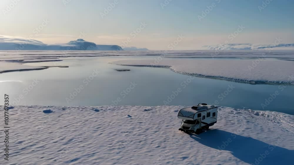 Arctic expedition vehicle navigates frozen landscape at dawn
