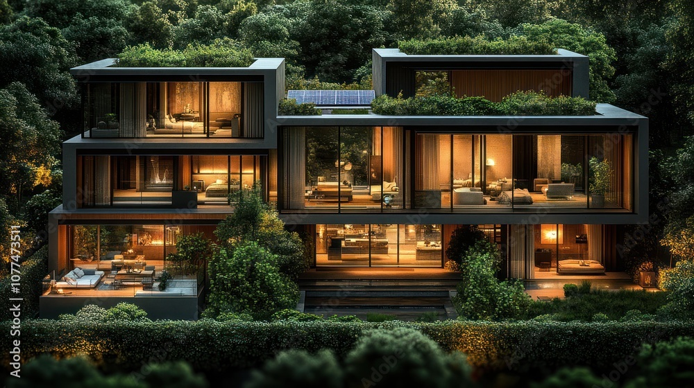 Modern house with green roof and large windows surrounded by trees. Modern house with green roof and large windows surrounded by trees.