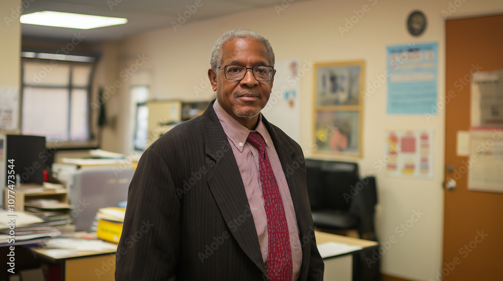68 years old man, weearing Principal of Westfield High School, standing in the high school offices 68 years old man, weearing Principal of Westfield High School, standing in the high school offices