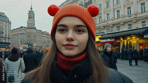 Amid the lively crowds of a winter market, a young woman dons a vibrant hat, embodying the holiday spirit. The atmosphere buzzes with joy and excitement, showcasing Vienna's charm