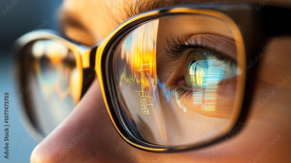 close-up of a person's face, with a reflection of graphs and numbers in their glasses
