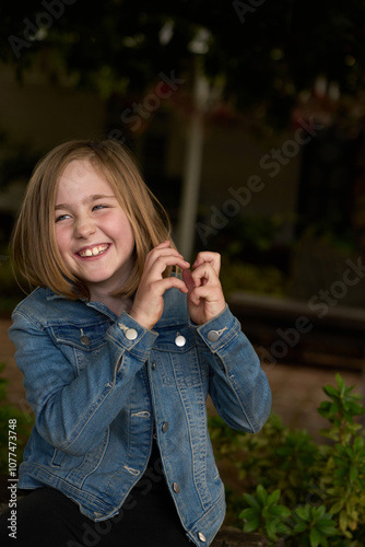 Young girl expresses joy by making a heart gesture outdoors photo