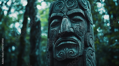 A mystical wooden totem stands amidst dense forest, its intricately carved face exuding an ancient, mysterious aura, surrounded by vibrant greenery.