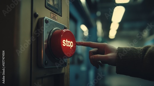 A finger hovers over a glowing red stop button, capturing a moment of decision and immediate action in an industrial environment.