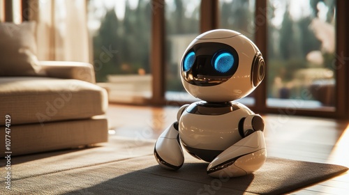 A small white robot with blue eyes sits on the floor of a living room in front of a large window.