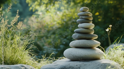 Smooth, balanced stones stand sculpturally in sunlight, portraying harmony and a perfect blend with the natural surroundings. photo