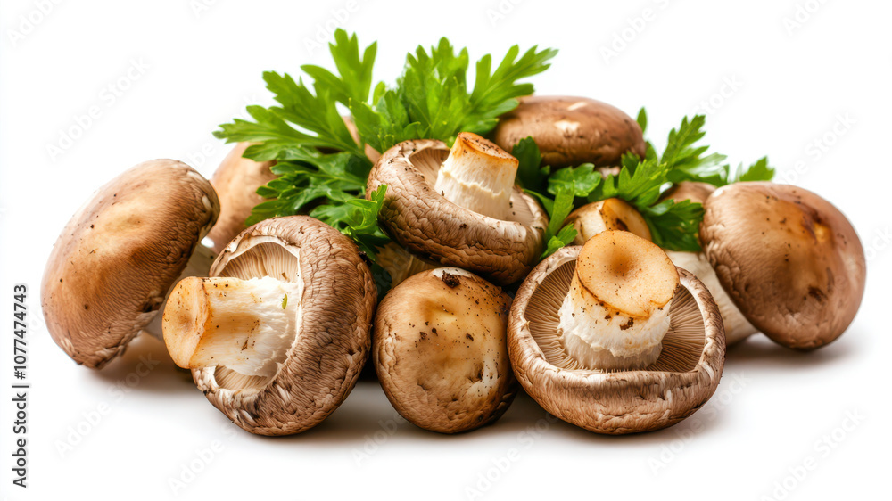 Fresh Champignon Mushrooms Nestled Elegantly With Parsley on a Bright White Background Fresh Champignon Mushrooms Nestled Elegantly With Parsley on a Bright White Background