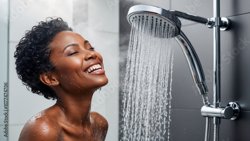 beautiful african american woman washing her hair with shampoo