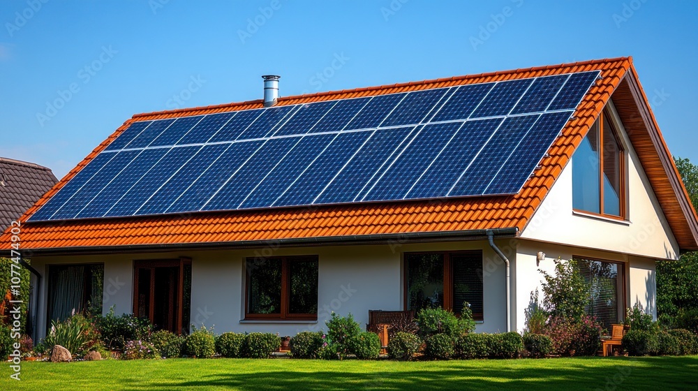 Fototapeta premium Modern house with solar panels on the roof.