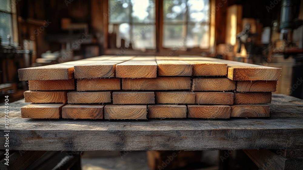 A stack of wooden boards in a factory setting, ready for production A stack of wooden boards in a factory setting, ready for production